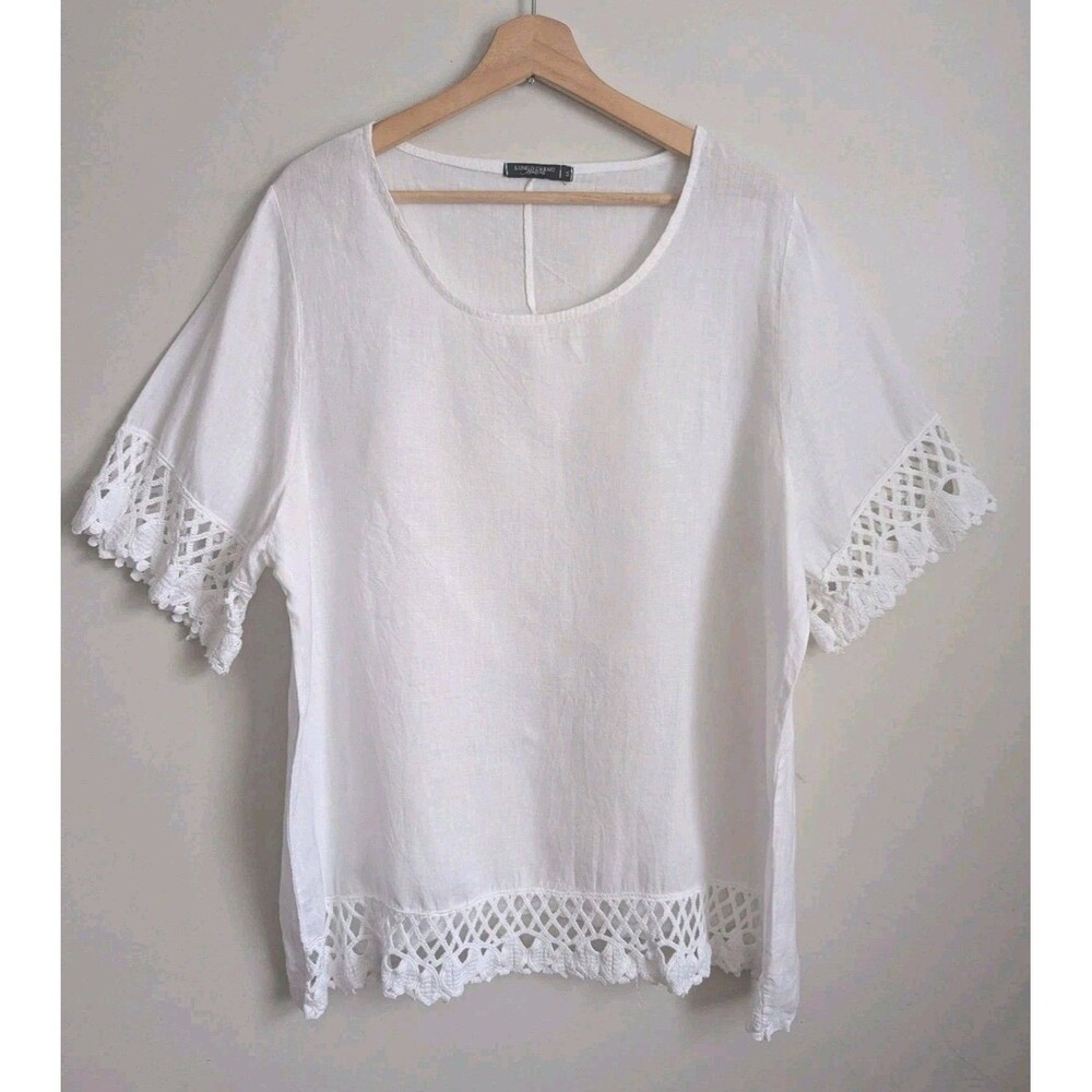 Lungo L'Arno 100% Linen Tunic Top 1X White Crochet Lace Trim Italy Boho Coastal